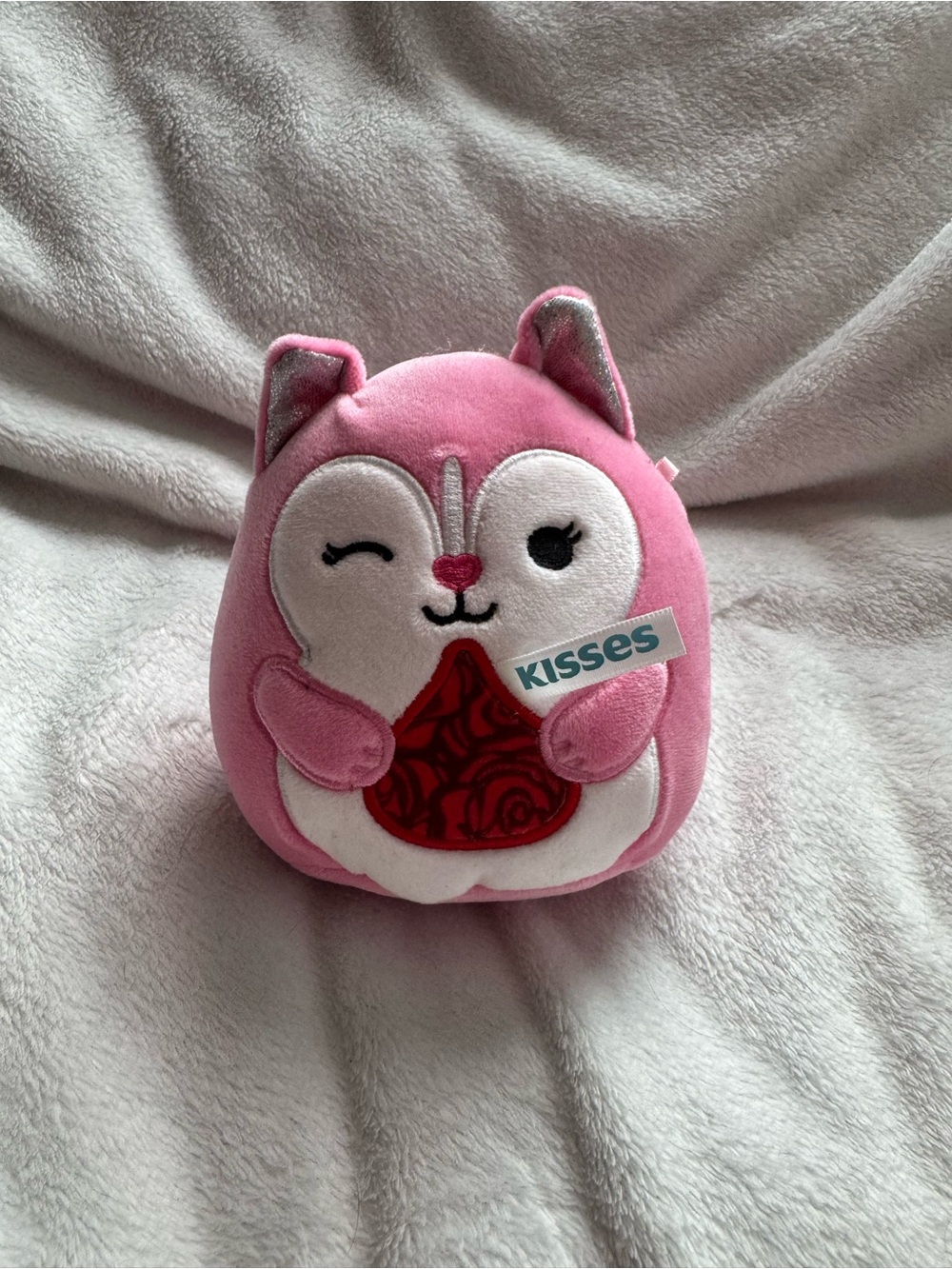 Squishmallows Pink and White Winking Plush with Red Heart Kisses Tag